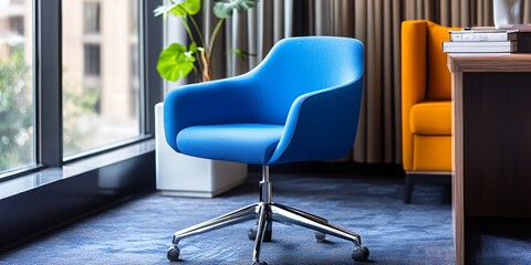 Blue office chair with chrome base and wheels on a blue carpet.