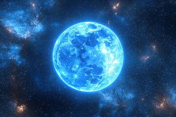 Ethereal glowing blue full moon in starry night sky