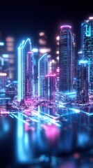 Obraz premium a futuristic city, featuring interactive floating buildings and digital touchpoints.