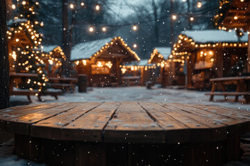Cozy winter scene at a snowy christmas market, with twinkling lights and european stalls. Perfect for showcasing holiday products. Ready for product montage. Mockup.