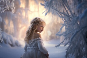 Young girl in a snowy forest wearing a light dress, surrounded by frosty trees during winter