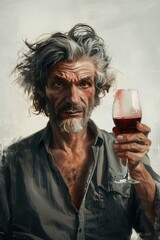 A drunken exhuasted messy senior male holding a glass of red wine