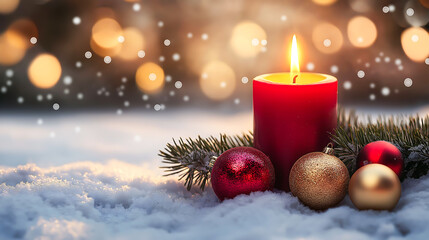 Red candle with warm light and balls, ornaments and pine branch on snow, Merry Christmas celebration holiday background banner greeting card