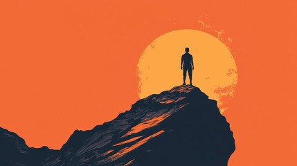 Standing Alone on a Mountaintop, Silhouette Against a Sunset