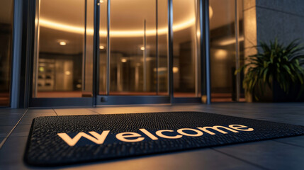 A sleek black welcome mat at the entrance of a modern building with glass doors, warmly lit in the evening.
