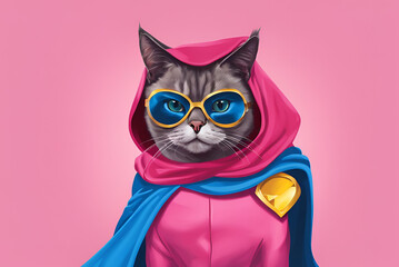 Fototapeta premium Whiskey Wonder: The Super Cat with a Blue Cloak and Mask on a Pink Stage, cat with glasses