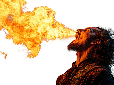 Fire breather performing at a festival during nighttime outdoors isolated on transparent background