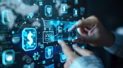 Digital Banking and Financial Technology Concept. A person presents digital banking and financial technology icons, and currency symbols, emphasizing modern online payment systems and e-commerce.
