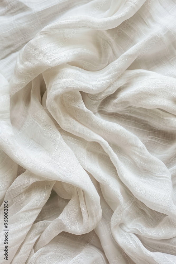 Aufkleber Close-up view of white fabric with subtle texture resembling soft cloud. Fabric folded in half revealing intricate design and shadow. Gray background emphasizes focus on fabric details.