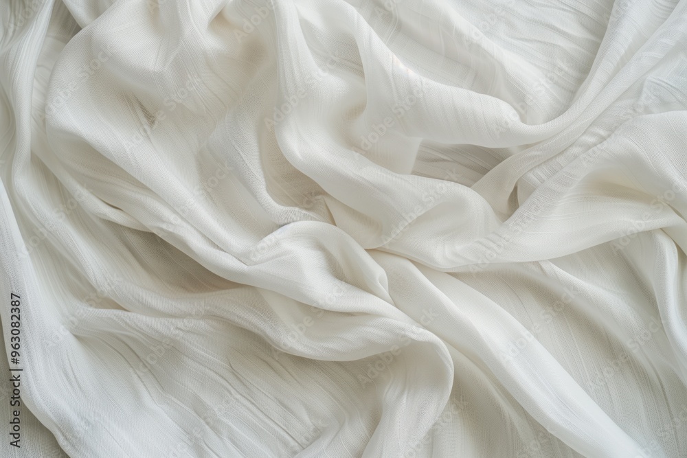 Fototapete Close-up view of white fabric with subtle texture revealing intricate pattern. Fabric smooth surface covering frame with blurred background. Gray, white color palette creating calming effect.