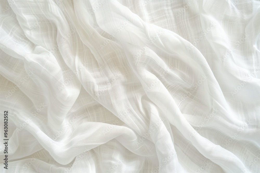 Poster Close-up view of white fabric with intricate pattern, slightly curled edges and slight sheen. Fabric possibly made from silk or satin. Blurred background draws focus to fabric.