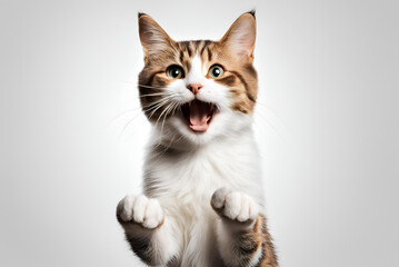 Playful Peekaboo: Happy Cat Waving from Behind a Banner, cat on white background