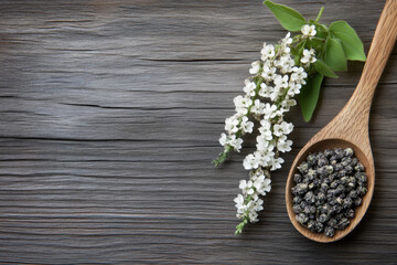Black cohosh seeds and flowers are lying on a rustic wooden background with copy space
