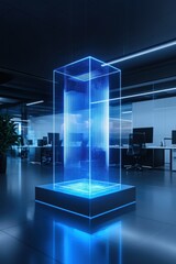 A transparent hologram showcasing technological advancements in a clean, minimalist tech office setting.