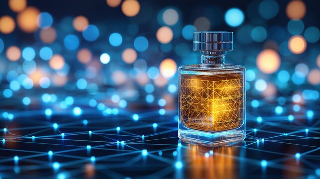 Explore the digital haze of an AI-generated perfume highlighting fragrance innovation in a vibrant, futuristic setting