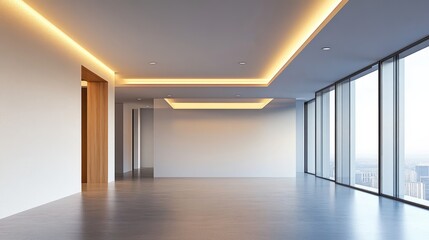 Empty Modern Office Space with Large Windows and Recessed Lighting