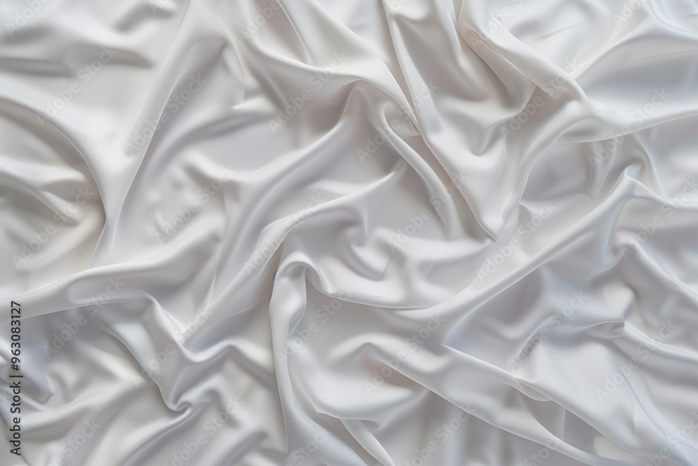 Poster Close-up view of white fabric with subtle texture, folded and creased. Fabric curled edges add depth. Blurred background highlights fabric details. Soft atmosphere created by white.