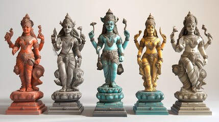 31. "The Hindu Navagraha statues in 3D, artistically crafted with detailed textures and vibrant colors, set against a pristine white background.