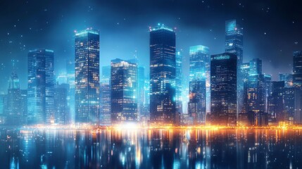 Nighttime view of a technologically advanced city with sleek, illuminated skyscrapers. Premium background for the latest technology needs. 