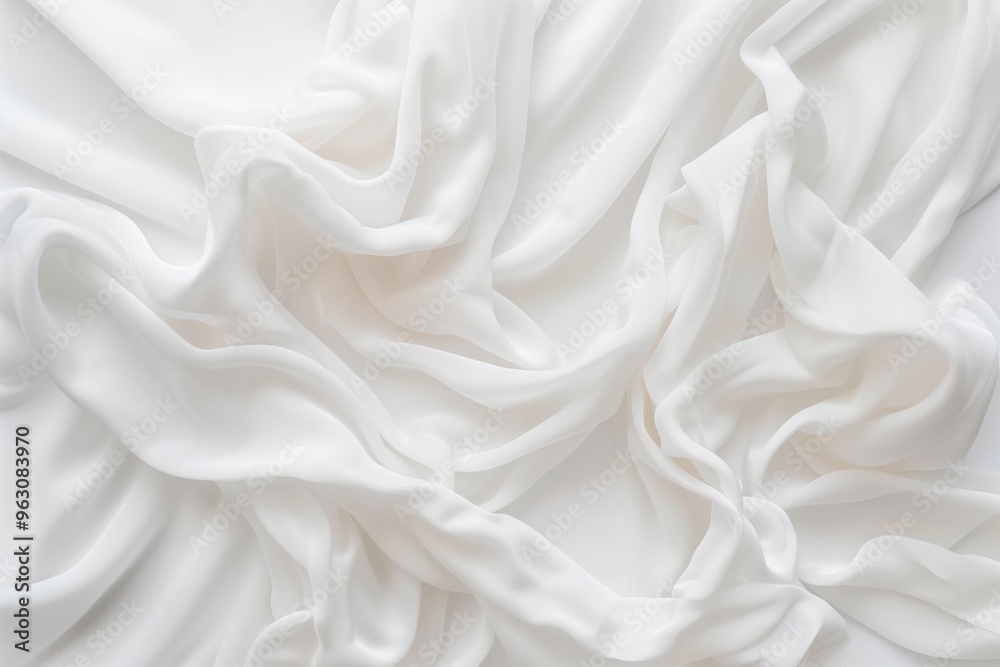 Poster Close-up view of white fabric possibly sheet curtain folded in half revealing intricate texture, shadow on surface. Fabric dominates color palette with subtle variations adding depth to image.