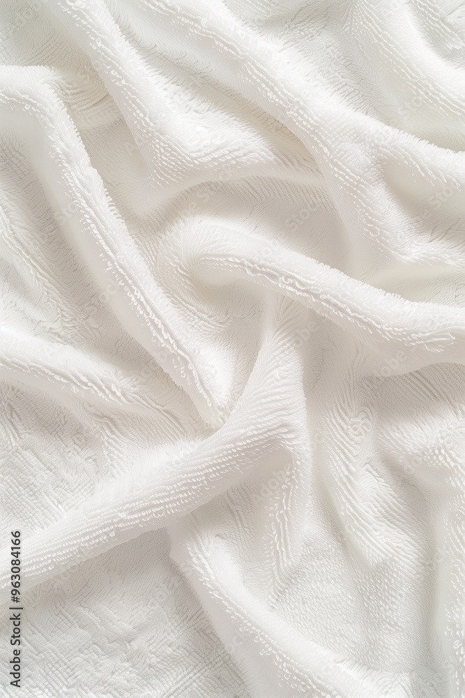 Poster Close-up view of white fabric with subtle texture and small wrinkles adding depth. Fabric is set against a gray background with high-quality image focusing on fabric details.