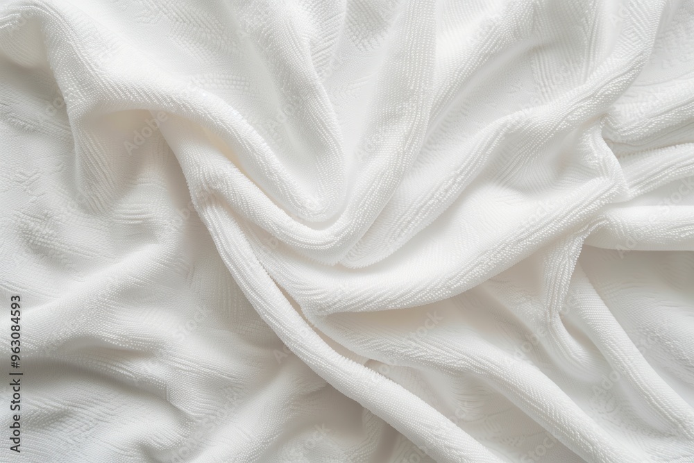 Poster white fabric with subtle pattern, blurred background, calm, serene atmosphere. fabric texture adds d