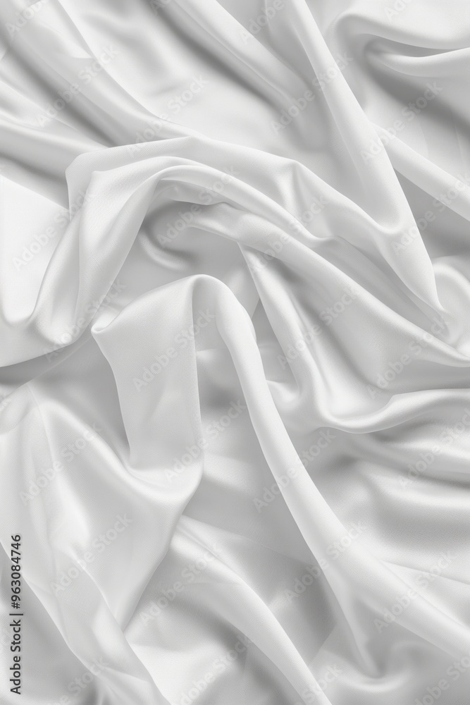 Poster close-up view of white fabric possibly sheet curtain folded in half revealing intricate texture, pat