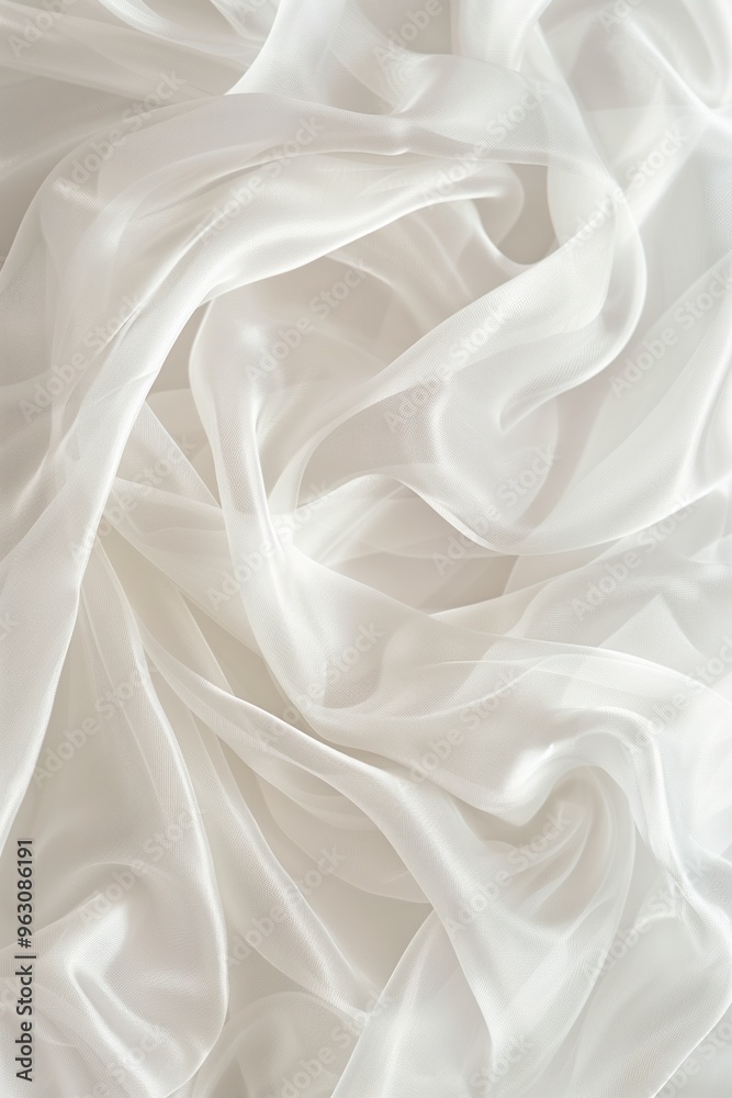 Poster close-up view of white fabric with subtle texture. folded in half reveals intricate pattern. gray ba