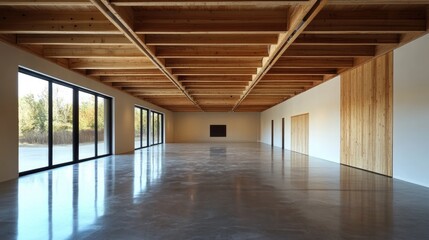 Empty Room with Wooden Beams, Windows, and Doors