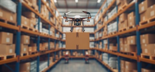 Drone carrying a box in a warehouse aisle, futuristic delivery concept.