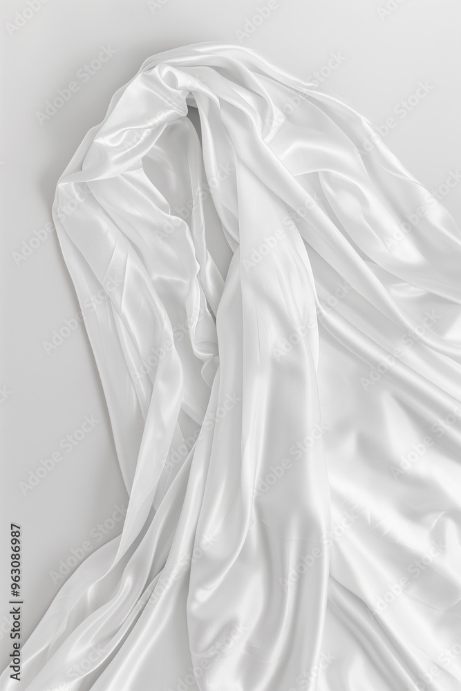 Poster Close-up view of white fabric draped over gray surface. Smooth texture and pristine color with slight wrinkles add depth to scene. Fabric covers entire frame without background distractions.