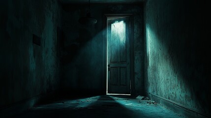 Obraz premium A single door ajar in a dark, abandoned room with a light shining through.