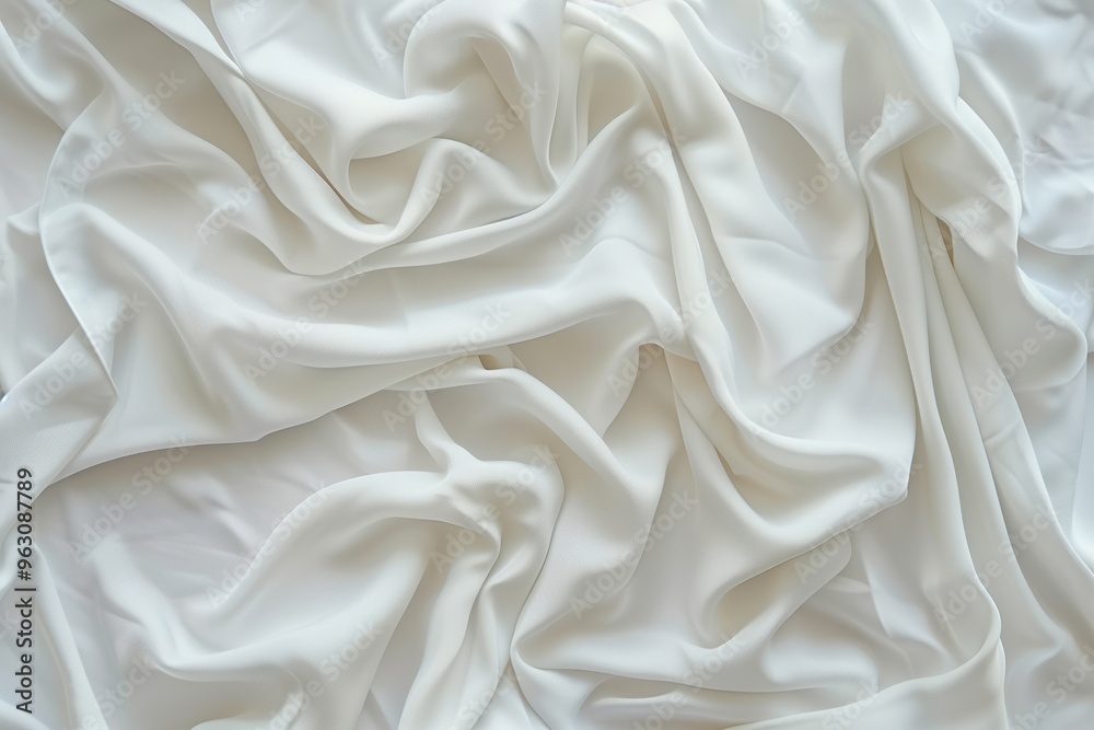 Poster Close-up view of white fabric possibly made from silk or satin with slight sheen. Fabric appears smooth and slightly wrinkled. Background blurred to focus on texture.