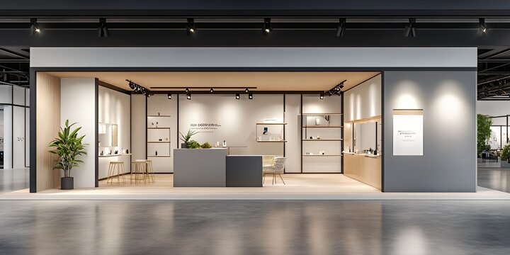 Modern minimalist exhibition booth with wooden floor, grey walls, potted plants, and a counter with a sign.