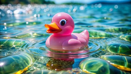 Joyful pink rubber ducky floating serenely in crystal-clear water