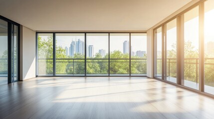 Obraz premium Empty Room with Large Windows Overlooking Cityscape and Trees