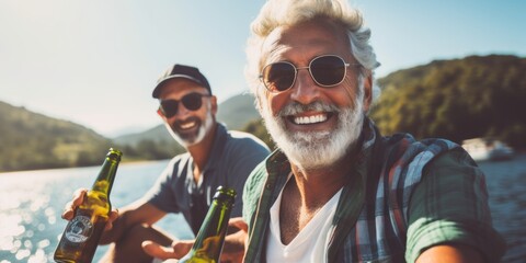 Fototapeta premium Senior friends toasting beer bottles near water at sunset. Generative AI.