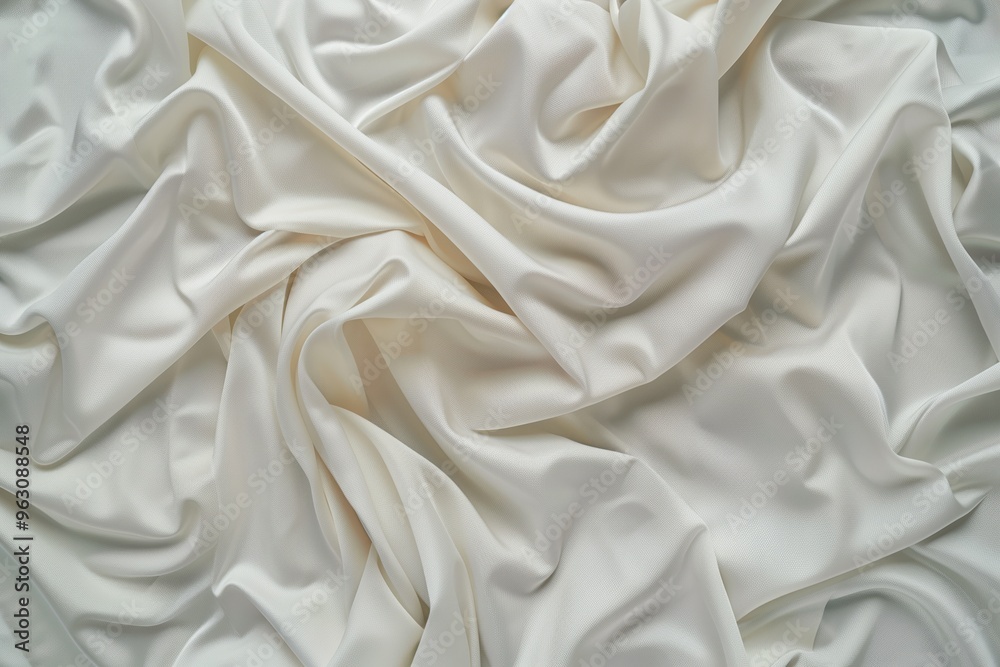 Poster Close-up view of white fabric with gray stripe running down center. Wrinkles add texture, creating contrast on white background. Used in fashion, textile, and interior design for decoration.