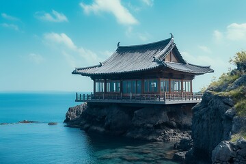 Obraz premium A traditional Asian-style building on a cliff overlooking a blue sea with a clear blue sky and white clouds.