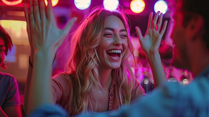 A group of friends celebrating a win at a trivia night, high-fiving and laughing together