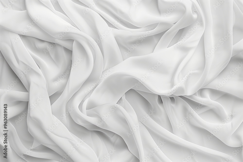 Fototapete Close-up view of white fabric with crumpled texture. Fabric appears to be sheet or curtain with subtle variations in texture adding contrast. Blurred background draws focus to fabric as main subject.