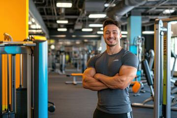 Muscular personal trainer is smiling with his arms crossed in a modern gym