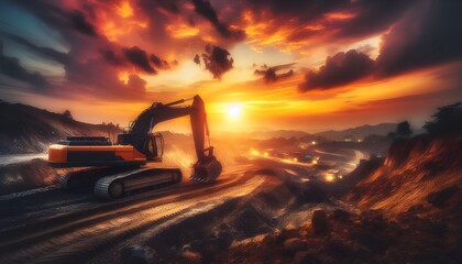 Fototapeta premium Industrial excavator on construction site against a vibrant sunset, depicting heavy machinery at work in mining operations and land development