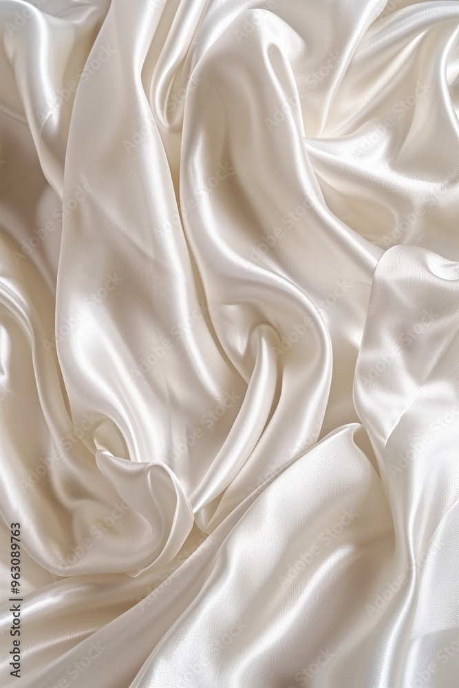 Poster Close-up view of white fabric with crumpled texture, possibly silk or satin. Fabric folded in various directions creating intricate pattern. Simple gray background contrasts with vibrant white fabric.