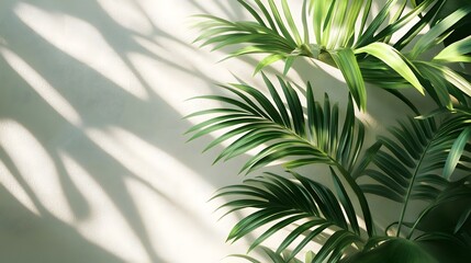 Bright tropical palm leaf, vibrant green fronds, sunlight streaming through, crisp leaf shadows, white textured wall background, close-up botanical detail, fresh and lush, natural light.