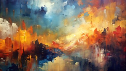 Obraz premium Artwork captures a vibrant blend of orange, blue, and yellow hues, evoking the warmth of a sunset over a calm, abstract landscape