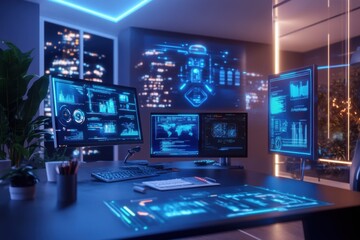 Fototapeta premium A futuristic workspace featuring holographic technology projections that display innovative concepts and inventions. 