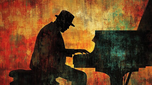 Silhouette of a jazz pianist playing the piano against a textured warm background.