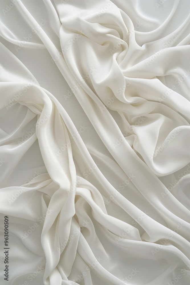 Poster Close-up view of crumpled white fabric with intricate texture. Fabric possibly made from silk or chiffon material. Blurred background focuses on fabric unique pattern and texture.