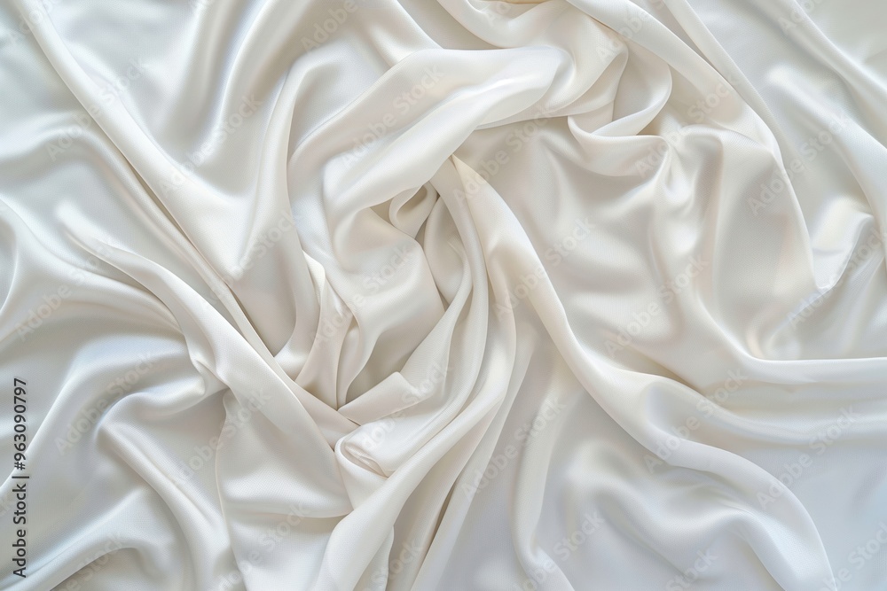 Poster Close-up view of white fabric with slight curl at edges, soft and flowing texture. Fabric appears to be made of silk or cotton, with blurred background drawing focus to its details.